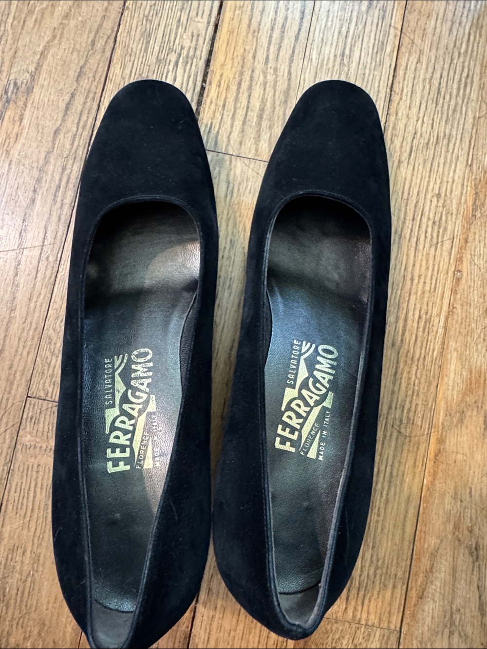 Salvatore Ferragamo Black Suede Rounded Toe Pumps